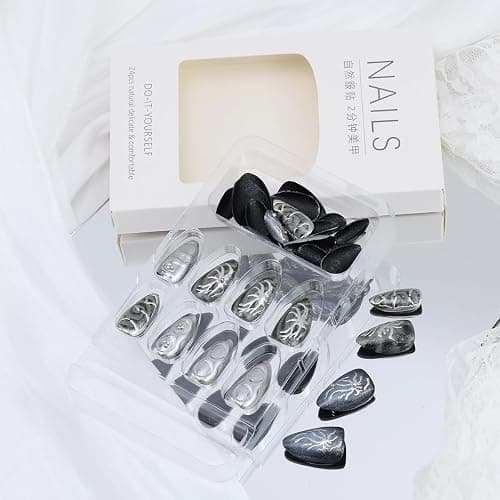 24Pcs Dark Gothic Press on Nails Medium Almond Fake Nails with 3D Irregular Line Design Silver Chrome False Nails Glossy Black Acrylic Nails Full Cover Glue on Nails Goth Stick on Nails for Women - Dark Gothic Nails-2 thumbnail 3