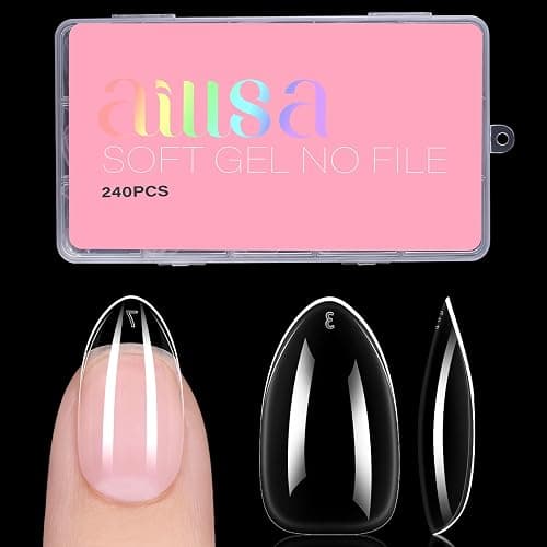 AILLSA Short Almond Nail Tips, 15 Sizes 240PCS Preshaped Soft Clear Gel Nails Tips Full Cover False Nails Tip Short Almond Shaped Tips - Image 1
