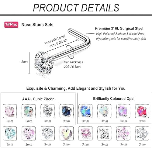 SEEDRILL Nose Rings Studs for Women 16Pcs 18g/20g Nose Studs Hypoallergenic 316L Surgical Steel Nose Piercings Jewelry 3mm CZ & Opal Nose Ring L Shape Nose Stud 20 Gauge Nose Screw Studs thumbnail 2