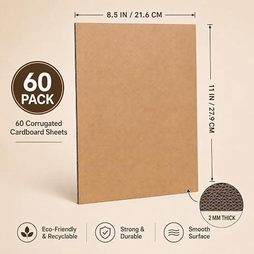 60 Pack Corrugated Cardboard Sheets 8.5 x 11 Inch, Kraft Cardboard Sheets for Crafts, DIY Projects, Art Supplies, Packaging Inserts and Printing thumbnail 3