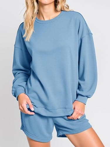 Tankaneo Womens Oversized 2 Piece Outfits Sweatsuit Casual Long Sleeve Crewneck Sweatshirts Sweat Shorts Fall Lounge Sets thumbnail 2