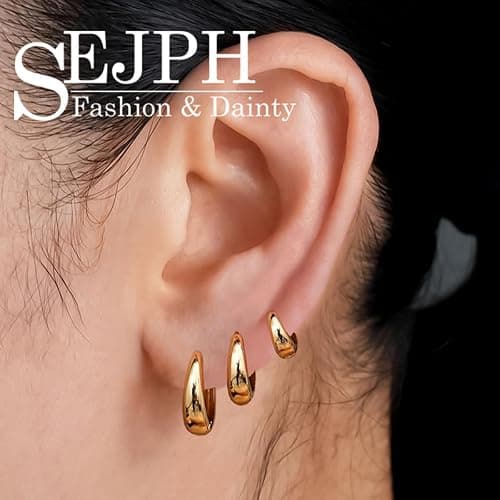 SEJPH 3-Pair Huggie Hoop Earrings 18K Gold Plated, Hypoallergenic Thick Small Layered Set, Stacking Earrings Jewelry Gift for Women thumbnail 6