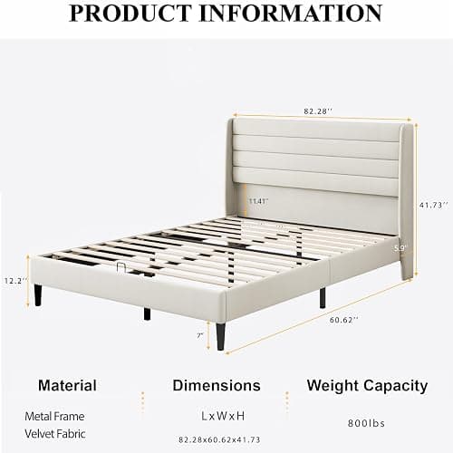 Queen Bed Frame with Upholstered Headboard, Velvet Platform Bedframe Mattress Foundation, Strong Wood Slat Support, No Box Spring Needed, Easy Assembly, Pale Beige thumbnail 2