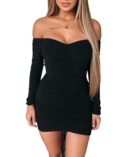 AMABILEMIA Vestito Corto Elegante Donna Mini Abito Sexy Nero Maniche Lunghe Vestito da Sera Aderente Abito Scollato Party AM397 - Image 1