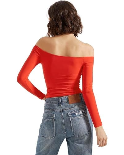 SUUKSESS Women Off Shoulder Double Lined Long Sleeve Shirts Basic Going Out Tops thumbnail 7