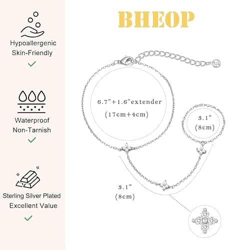 Bheop Bracelets for Women 14K Gold Silver Plated Ring Bracelet Hand Chain Dainty Evil Eye Heart Clover Daisy Cubic Zirconia Stackable Link Chain Hypoallergenic Body Jewelry Cute Trendy Gifts thumbnail 5