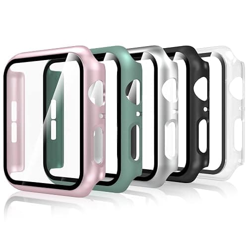 Bigqin 5 Pièces Coque Compatible avec Apple Watch Series 6/5/4 SE/SE2/SE3 44mm, Film Protection d'écran Trempé Coque, Protection Complète Anti-rayures,Transparent, Noir, Argent, Rose, Officiel - Image 1