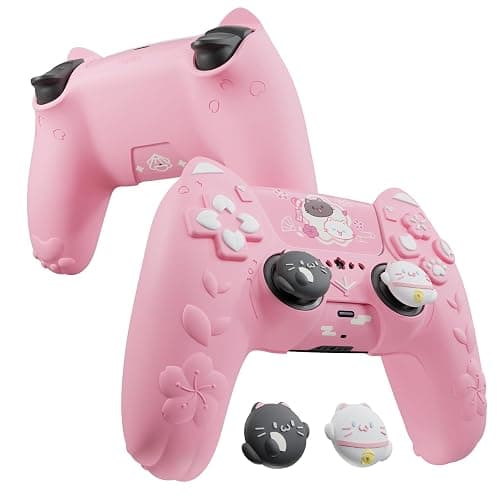 PlayVital for PS5 Controller Cover Skin - Cherry Blossoms Kitten Anti-slip Grip Skin with Thumb Grip & Sticker - Soft Rubber Protector for PS5 Controller Accessories - Pink - Image 1