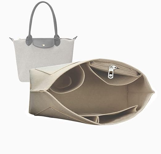 Lckaey tote bag organizer insert for Longchamp le pliage large tote insert felt purse zipper bag organizer beige, L/16.5 * 6.7 * 9.8in thumbnail 3