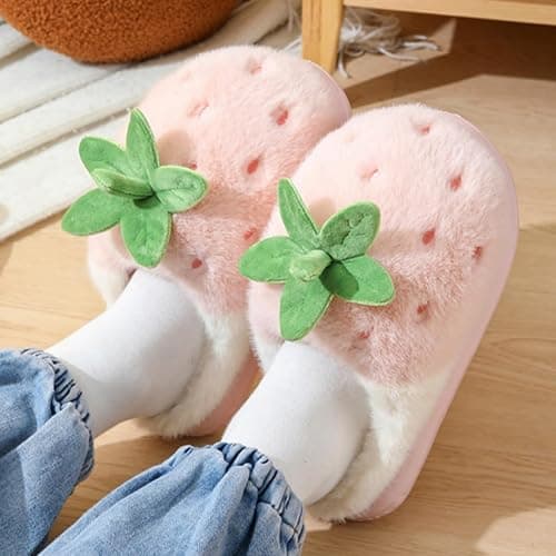Zigihos Strawberry Fuzzy Friut Slippers for Women, Cute Fluffy Plush Warm House Couple Slippers, Winter thumbnail 3