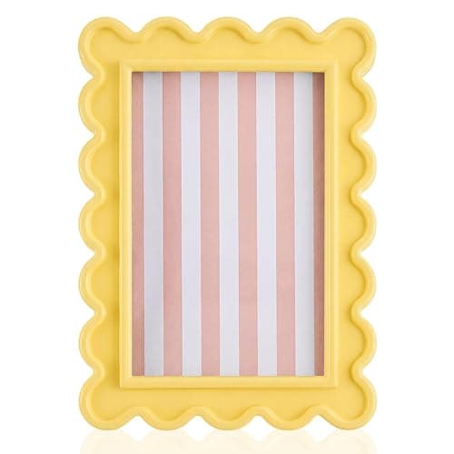 AceOrbit 4x6 Inches Light Yellow Flower Wavy Scalloped Picture Frame Cute Wavy Edge Wooden Real Glass Photo Frame for Desktop Display Home Decor Family Friends Wedding Graduation Gifts - Image 1