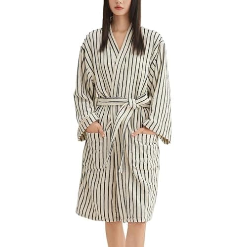 HGKPFGTF Striped Cotton Bathrobe for Women Super-Soft Terry Plush Kimono Towel Robe Long Sleeve Lounge Robe with Pockets - Image 1