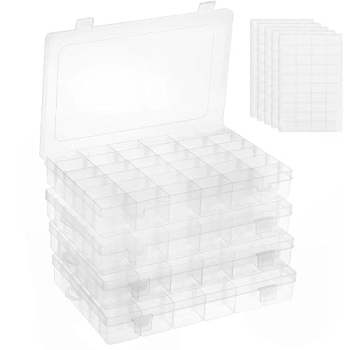 OUTUXED 4 Pack 36 Grids Plastic Bead Organizer Box with Dividers, Clear Craft Tackle Box Parts Storage Containers with Compartments for Jewelry Fishing Tackle Art DIY with 5 Sheets Label Stickers - Image 1