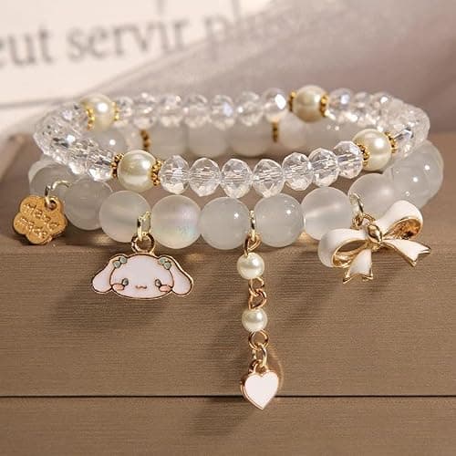 Kawaii Bracelets Crystal Beads Cinnamoroll Bracelet Set Cute Cartoon Elastic Beaded Bow Pearl Bracelets Anime Jewelry Christmas Stocking Stuffers for Women Bff Friendship (White) thumbnail 3