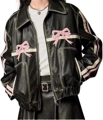 Hesaco Y2k Leather Jacket Bowknot Bowtie Graphic Motorcycle Jacket Womens Vintage Crop Oversized Grunge Clothes - Large - Pink