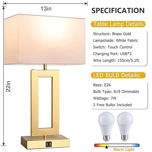 BrightWe 22’’ Set of 2 Touch Control Table Lamps w. 2 USB Ports, 3-Way Dimmable Bedroom Bedside Nightstand Touch Lamps, Modern Gold&White Lamps for Living Room End Table, LED Bulbs Included thumbnail 2