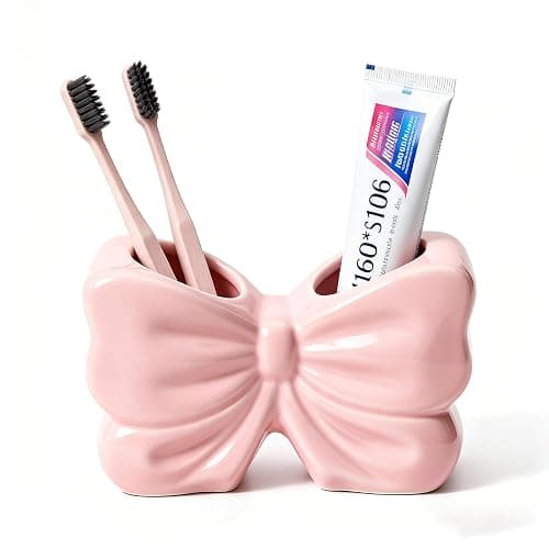Bow Toothbrush Holder, 2-Slot Cute Bowtie Shaped Ceramic Bathroom Counter Organizer for Electric Toothbrushes, Toothpaste, Floss and Razors, Bathroom Decor Accessories, Pink - Image 1