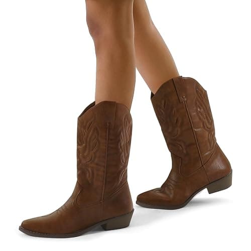 mysoft Women's Western Cowboy Boots Embroidered Mid-Calf Pointed Toe Cowgirl Boot thumbnail 6