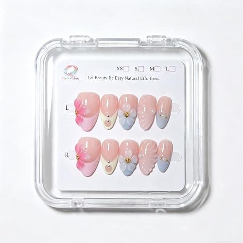 Handmade Short Almond French Press On Nails,Reusable&Salon Quality-EGA01,XS | 10Pcs Daily & Party Fake Nails | Easy Apply & Remove | Nude French Press Ons with Blue 3D Floral Carving Accents thumbnail 3