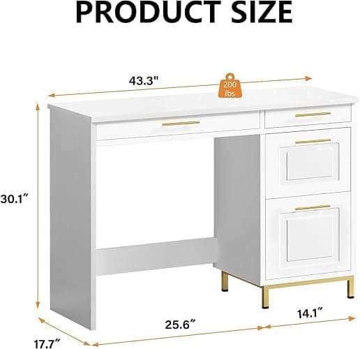 4 EVER WINNER White Desk with Drawers and Golden Handle, 43 Inch Small Desk with 4 Storage Drawers, Computer Desk with Storage Shelves for Home Office, White and Gold thumbnail 2