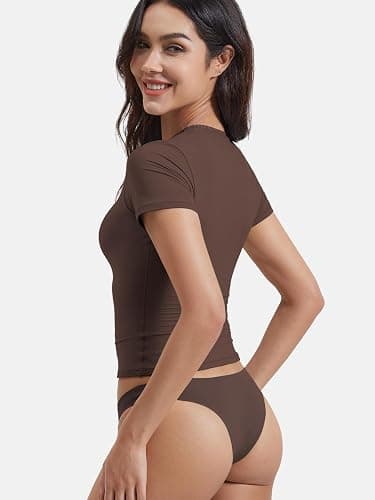 YEOREO Women Fitted Workout Tops Short Sleeve Double Lined Basic Y2K Going Out Crew Neck Compression Crop Top thumbnail 5