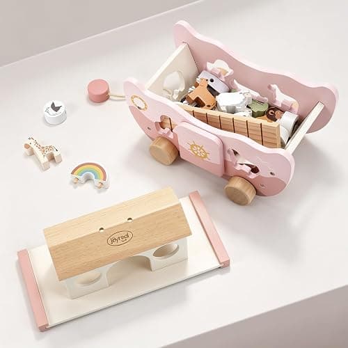 Joyreal Pink Wooden Noah's Ark Toy for 1 Year Old Baby Girl Baptism Gifts | Montessori Educational Toy, Animal Shape Sorter, Christian Toys for Toddler Boy 1-3 Years Old, Christmas Birthday Gift thumbnail 7