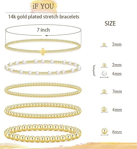Gold Beaded Bracelets for Women, 14K Real Gold Plated Jewelry for Women Dainty Pearl Bead Bracelets Stack, Non Tarnish Trendy Stackable Ball Cross Stretch Bracelet Set Fashion Accessories Gifts for Women - Gold cross bead thumbnail 2