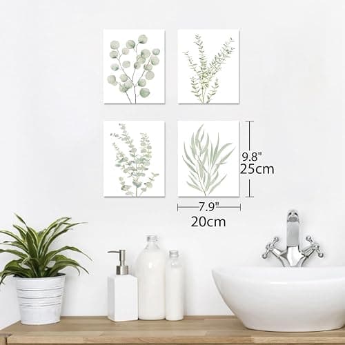 Erctoo Botanical Plant Canvas Wall Art, Framed Boho Wall Decor for Bathroom, Minimalist Aesthetic Bedroom Wall Art, Sage Green Eucalyptus Leaf Prints for Office, Set of 4PCS, 8”X10” thumbnail 2