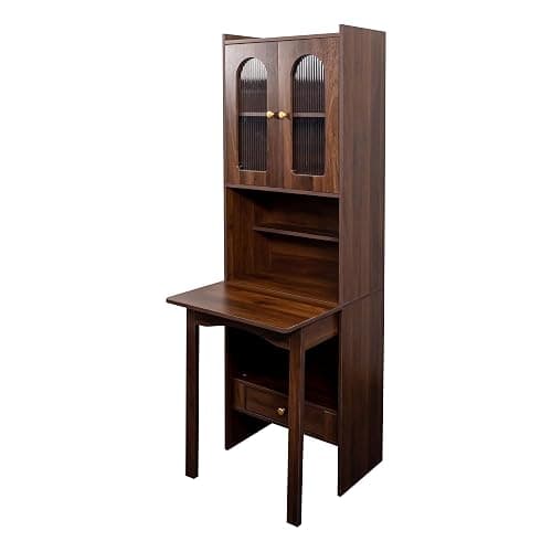 LUMISOL Fold-Out Home Office Desks Writing Table with Glass Doors, Drawers, Bookshelf & Storage Shelves, Modern Wooden Convertible Workstation for Work, Study, Walnut thumbnail 8