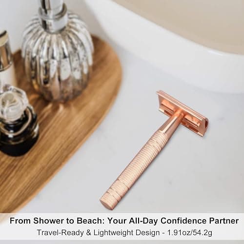 Matte Rose Gold Safety Razor, Single Blade Razors for Women, Reusable Metal Razor, with 10 Stainless Steel Double Edge Blades, Eco-friendly, Smooth & Close Shave, Plastic Free thumbnail 7