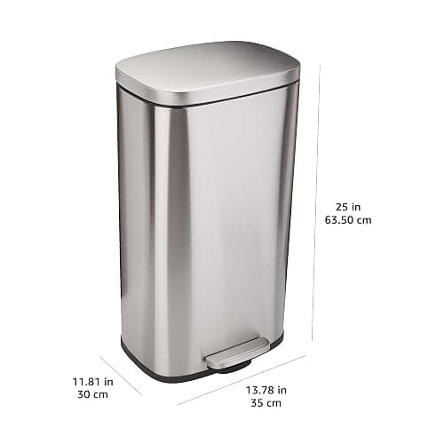 Amazon Basics Smudge Resistant Rectangular Trash Can with Soft-Close Lid, Foot Pedal, Removable Inner Bucket, 30 Liter/7.9 Gallon, Brushed Stainless Steel, Satin Nickel Finish, 13.8"L x 11.8"W x 25"H thumbnail 3