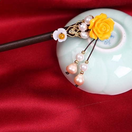 TOP SEWING Wooden Hair Pins 7" Chinese Yellow Flower Hair Sticks For Long Hair 1 Pack Buns Accessories for Girl thumbnail 4