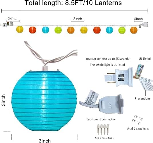SUNSGNE Lantern String Lights, 8.5FT Indoor Lantern Christmas Lights with 10 LED Colorful Lanterns for Home Patio Party Wedding Bistro Indoor Bedroom Decoration thumbnail 3