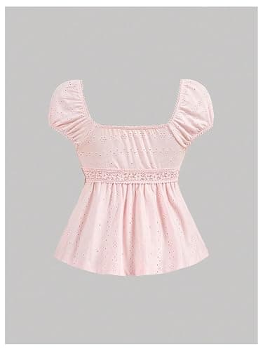 SOLY HUX Women's Short Sleeve Babydoll Tops Cute Summer Blouse | Peplum Top for Teen Girls, Square Neck, Lace Tops, Summer T Shirts thumbnail 2