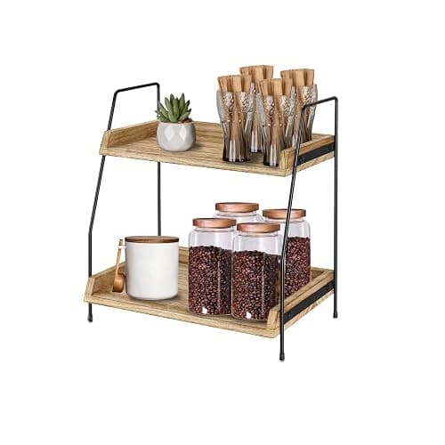 2 Tier Coffee Station Organizer for Countertop Coffee Bar Accessories and Organizer, Wooden Kitchen Counter Shelf Coffee Condiment Storage for Bathroom, Kitchen, Coffee Bar, Holiday Decorations - Image 1