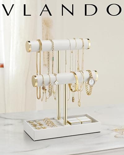 Vlando 2 Tier Bracelet Holder 0rganizer with Tray - Leather Jewelry Stand Organizer for Women - Jewelry Holder Display for Necklace, Watches, Rings, Earrings, Bangle, Scrunchie - White thumbnail 2