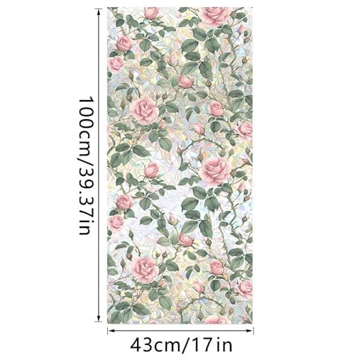 JOONOR Sichtschutzfolie mit rosafarbenen Rosen, 3D-Buntglas-Rose, Regenbogen-Fensteraufkleber, Nicht klebend, statisch haftend für Zuhause, Büro, 42 x 100 cm thumbnail 3
