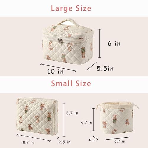3pcs Large Cotton Quilted Makeup Bag Set,Coquette Aesthetic Cute Travel Toiletry Bag,Drawstring Gift Bag for Women and Girls(3Pcs White Bear) thumbnail 3