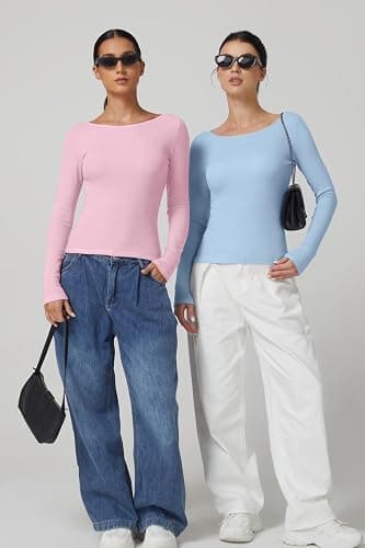 QINSEN Women's Long Sleeve T Shirts Crewneck Tight Fitted Rib Knit Y2k Casual Tee Tops thumbnail 5