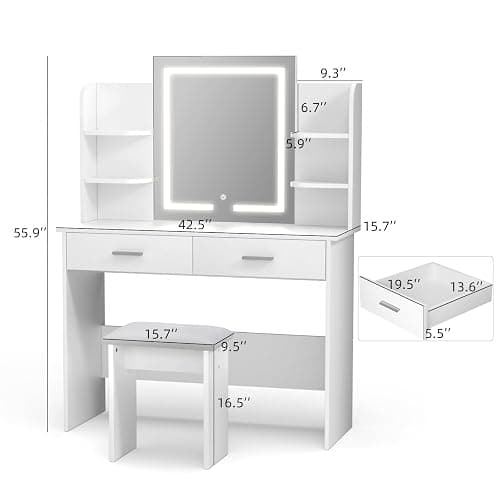 SMOOL Vanity Desk with Lighted Mirror - Makeup Vanity Table with 3 Color Light Options Adjustable Brightness, Vanity with 6 Storage Shelves, 2 Large Drawers, Vanity Set for Girls Women, White thumbnail 2
