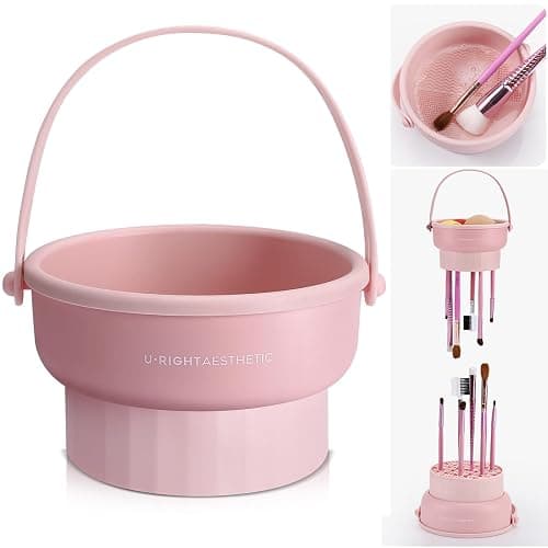 Makeup Brush Cleaner Mat 3 in 1 Silicone Makeup Brush Cleaner Bowl Cosmetic Brushes Cleaning Tool Organizer for Storage and Air Drying (Pink) - Image 1