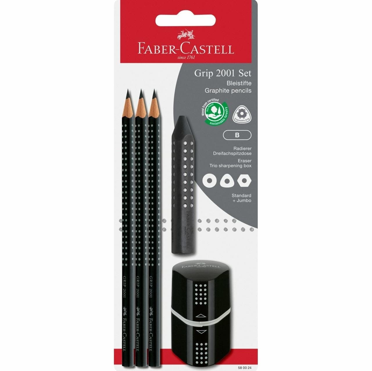 Faber-Castell 580024 - Pencils Set Grip 2001, 5 Pieces of 3 Pencils, Eraser and Sharpener, Black - Image 1