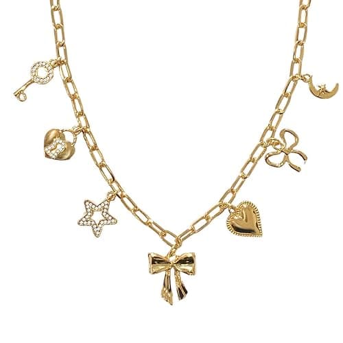 OTEEGX Gold Charm Necklaces for Women, 18K Gold Plated Bow Pendant Necklace Gold Heart Chain Aesthetic Star Jewelry - Image 1