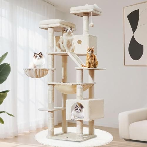 Taoqimiao Arbre a Chat Maine Coon,180cm Stable Arbres à Chat XXL avec 2 Condos Spacieux pour Chats, 8 Griffers, 2 Plateformes, Panier pour Matou, Confortable Hamac, Beige MS026LM - Image 1