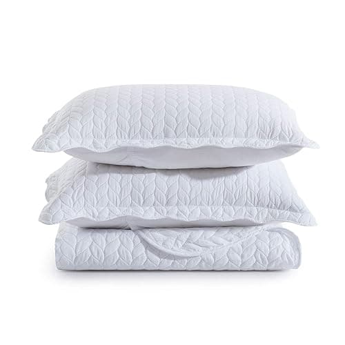 MOONLIGHT20015 Twin Quilt Set (66" x 86") with 1 Pillow Sham (20" x 26"+2") for All Season - 2 Pcs Reversible Bedding Set Lightweight Microfiber Coverlet Embossed Pattern Quilted Bedspread (White) thumbnail 4