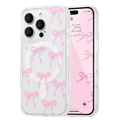 UEEBAI Magnetic for iPhone 16 Pro Max Case, Bow Case Compatible with MagSafe, Wireless Slim Clear Ribbon Aesthetic Phone Cover Anti-Yellowing Shockproof Protective Cover for Women Girl - Pink - Image 1