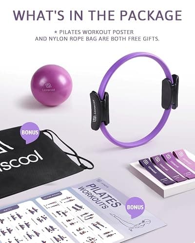 LIONSCOOL Pilates Ring Set - Premium Anti-Deformation 14” Magic Circle with Dual Padded Handles - Includes Burst Resistant Mini Ball & Highly Elastic Resistance Bands & Workout Guide & Bag - Purple thumbnail 6