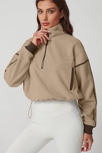 QINSEN Women's Half Zip Fleece Short Pullover Sweatshirt Winter Long Sleeve Cozy Sherpa Sweater Top thumbnail 5