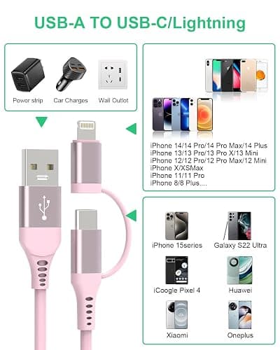 Pink Retractable Car Charger Coiled Lightning Cable - 2 in 1 Lightning and USB C Cable for Apple Carplay & Android Auto [MFi Certified] 3A Fast Charge & Data Sync Pink Coiled i Phone Charger Cord thumbnail 6