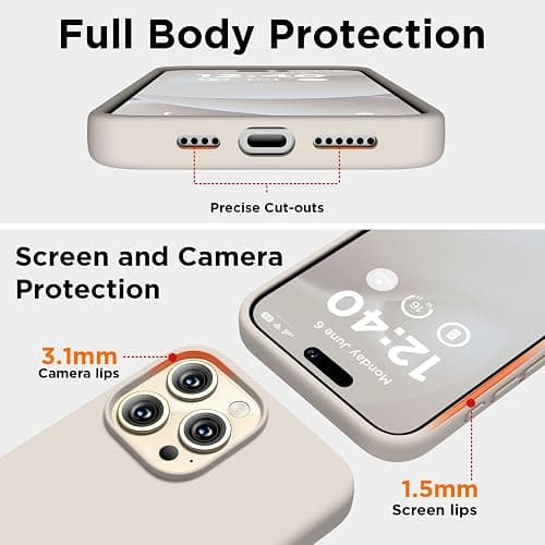 COFFKER Compatible with iPhone 15 Pro Case, Liquid Silicone Case, Full Body Shockproof Protective Cover Slim Thin Phone Case with Soft Anti-Scratch Microfiber Lining, 6.1 inch-Stone thumbnail 3